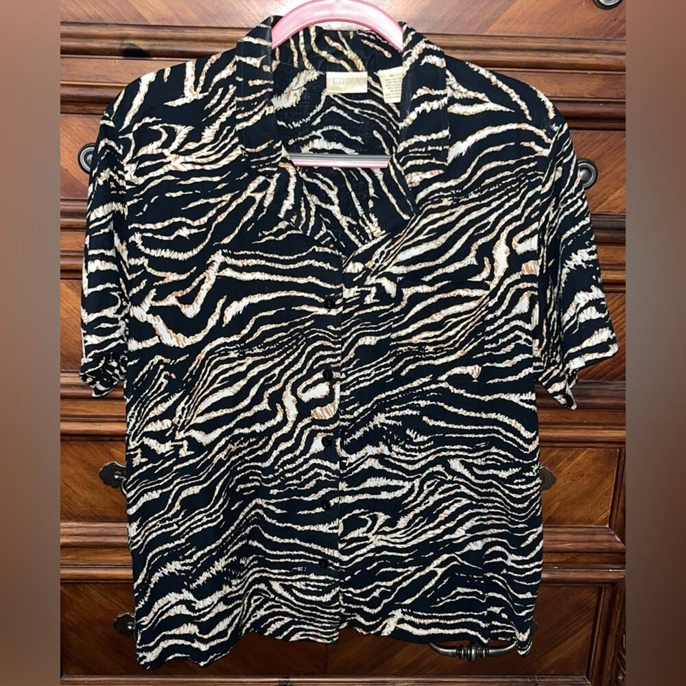 Vintage 90's ERIKA Zebra Print Camp Collar Short Sleeve Shirt 24” P2P